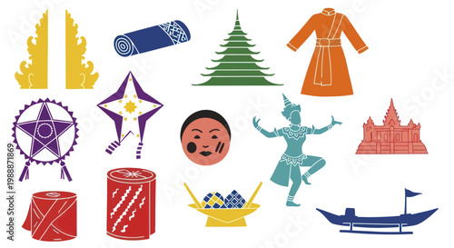 Collection of Traditional Thai Cultural Symbols and Objects.