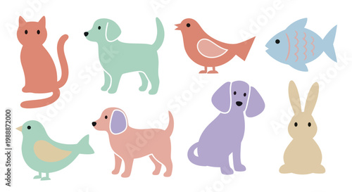Collection of various domestic animals and pets in a flat, minimalist style.