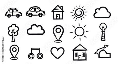 Collection of various simple line art icons representing everyday objects and concepts.