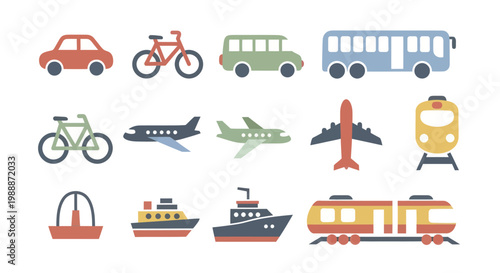 Collection of various transportation vehicles including cars, bikes, airplanes, trains, and boats.