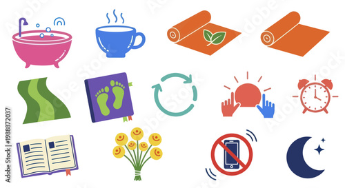 Collection of wellness and self care icons for daily routine.
