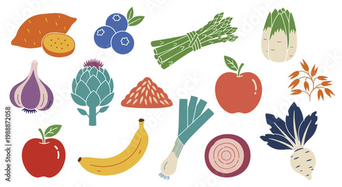 Colorful Assortment of Fresh Fruits and Vegetables on a White Background.