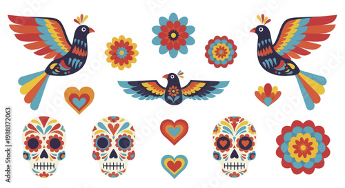 Colorful Day of the Dead Sugar Skulls and Birds Illustration.