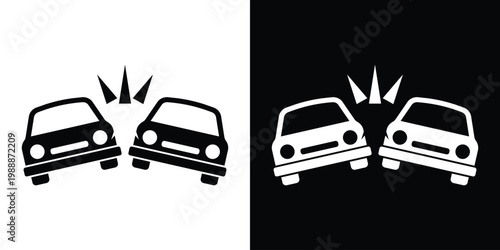 Two cars in a front-end collision with impact sparks. Icon for car accidents, road safety, automotive insurance claims, and emergency traffic incidents. Black and white vector set.
