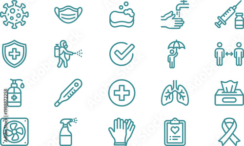 Various health and hygiene icons for COVID-19 protection and safety measures