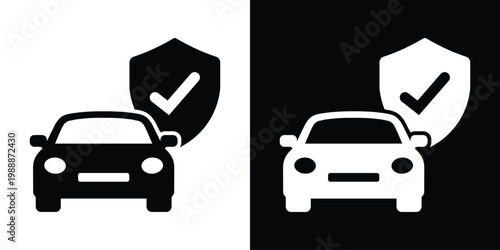 Car silhouette with a shield and checkmark icon. Vector graphic representing automotive insurance, safety certification, vehicle protection, and guaranteed security services.