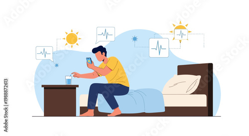 Man Wakes Up, Checks Phone and Takes Pills Next to Bedside Table