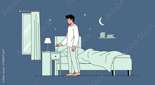 Man waking up at night, turning off bedside lamp, bedroom scene with moon and stars