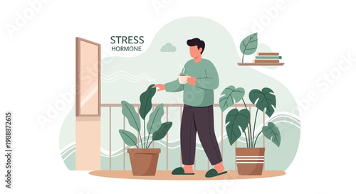 Man Watering Plants on Balcony, Relaxing Morning, Stress Relief