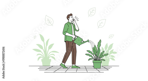 Man watering plants at home, caring for houseplants, green lifestyle, healthy living
