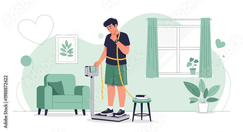 Man weighing himself on a scale, tracking fitness progress at home