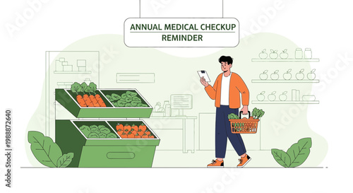 Man with shopping basket checking phone in grocery store with fresh produce