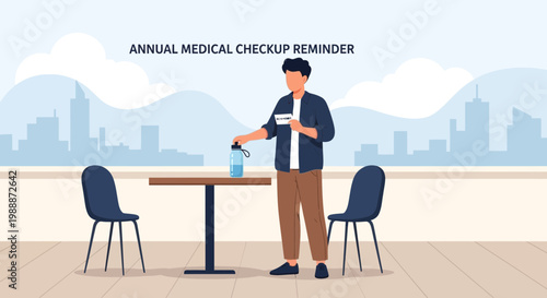 Man with Medical Checkup Reminder Card and Water Bottle at Outdoor Table