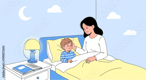 Mother tucks child into bed at night, reading a bedtime story, moon and clouds in the sky.