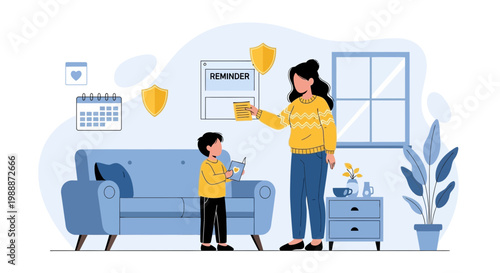 Mother Reminds Child About Important Task, Creating a Reminder Note at Home