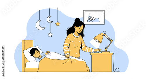 Mother turns off lamp for sleeping child in bedroom, bedtime routine, cozy night