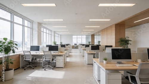 A modern office space with rows of desks and computers overlooks a city through large windows.