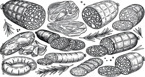 Set of Vector Illustrations Featuring Various Sausages, Cured Meats, and Charcuterie for Culinary, Butcher Shop, and Food Industry Designs