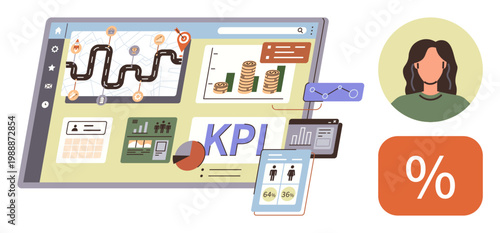 Data analysis, performance tracking, management tools, financial planning, organizational growth, digital strategies. Illustrated dashboard showing metrics, KPIs and analytics tools. Data analysis