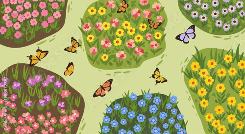 Colorful wildflower meadows with flying butterflies.