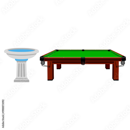 Classic Bird Bath and Traditional Pool Table for Leisure Activities