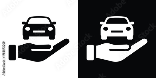 Silhouette of a car being held by a human hand. Professional vector icon symbolizing car care, roadside assistance, vehicle ownership support, and premium automotive services.