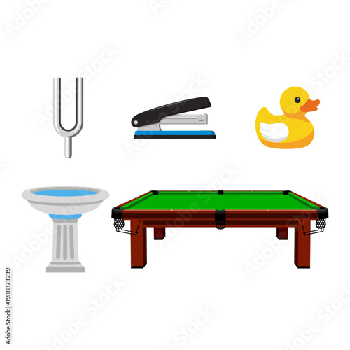 Collection of Objects Musical Instrument, Office Supplies, Toy, Fountain, and Game