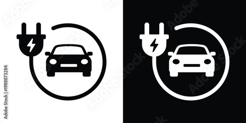 Electric car inside a circular power cable and plug symbol. Vector design illustrating a complete electric vehicle ecosystem, renewable energy loops, and smart charging solutions.