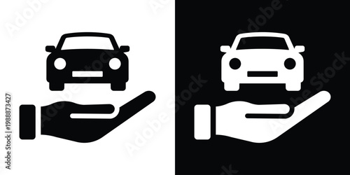 Silhouette of a car being held by a human hand. Professional vector icon symbolizing car care, roadside assistance, vehicle ownership support, and premium automotive services.