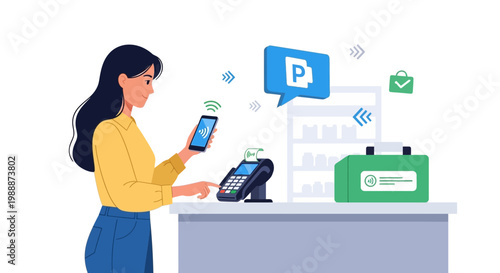 Woman making contactless payment with smartphone at checkout counter