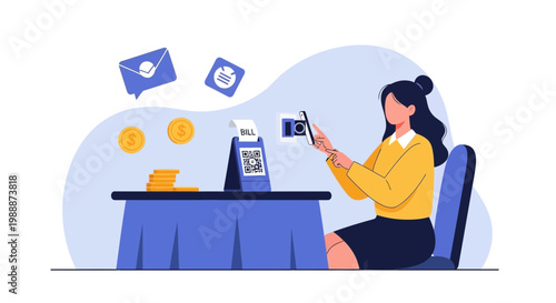 Woman paying bill with smartphone at restaurant table with QR code payment