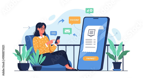 Woman paying bills online using smartphone and large mobile app screen