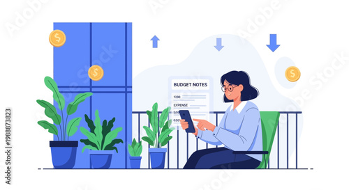 Woman managing finances on smartphone with plants and coins, budget planning concept