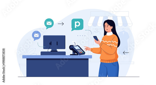 Woman paying with smartphone at checkout, contactless payment, retail, e-commerce concept