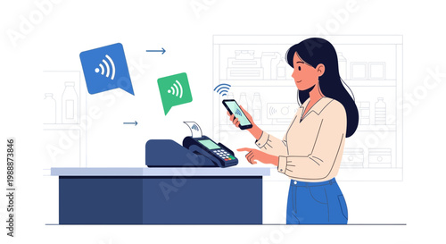 Woman paying with smartphone using contactless technology at checkout counter