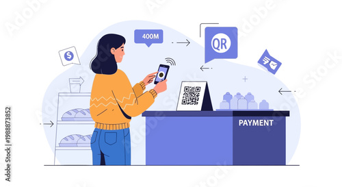 Woman paying with smartphone using QR code at checkout counter, contactless payment concept