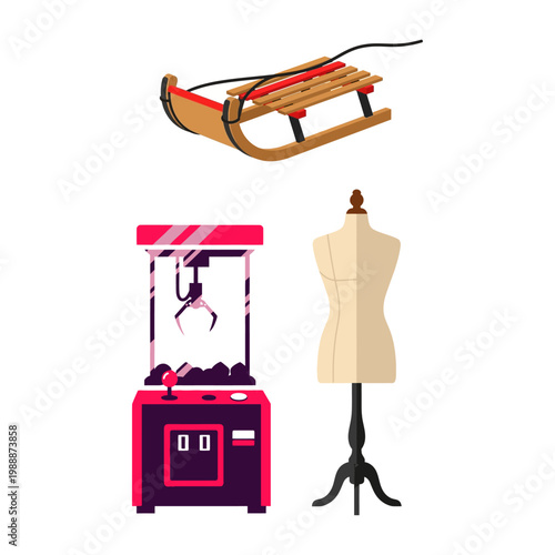 Collection of winter sled, toy crane game machine, and dressmaker's dummy