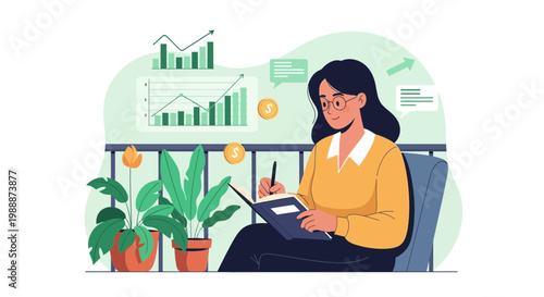 Woman planning finances and growth on balcony with plants and charts