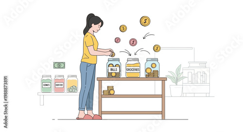 Woman saving money in jars for bills, groceries, and savings