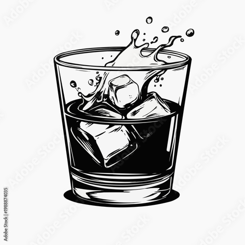 Glass of whiskey with ice and splash in black and white illustration  