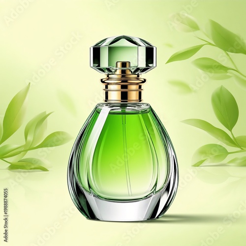 Elegant green perfume bottle on soft green background with leaves  