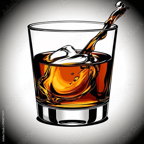Whiskey glass with ice and splash on dark background  