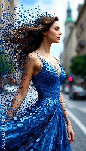 Elegant woman in blue dress walking with motion effect in city  