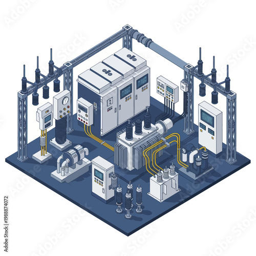 Isometric Electrical Substation with Transformers and Control Panels.