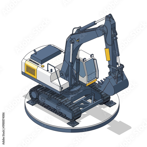 Isometric Excavator Machine on a Circular Platform.