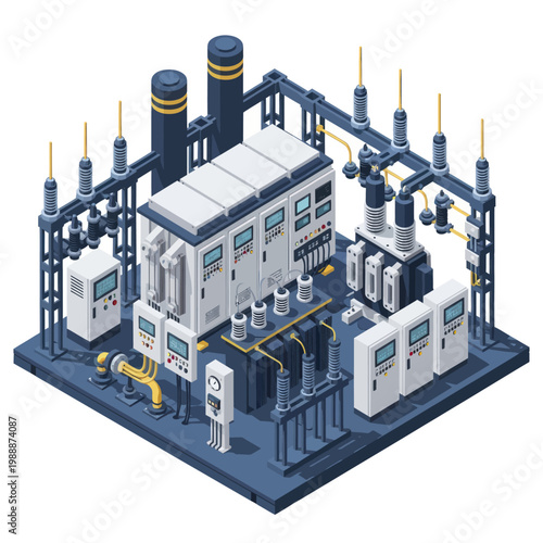 Isometric Electrical Substation with Transformers and Power Distribution Equipment.