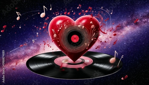 Heart-shaped vinyl record with musical notes in cosmic background  
