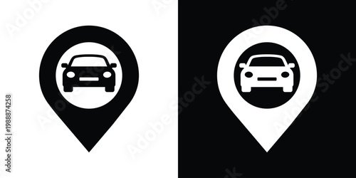 Vector icon set of a car inside a location map pin marker. Represents car parking, location finding, or navigation services. Isolated black and white style for travel and mapping apps.