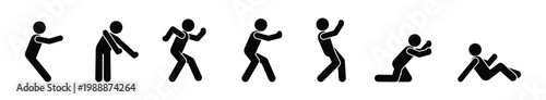 Set of stick figure people pushing pulling and resisting in different poses Concept of teamwork effort struggle force and human interaction minimalist vector style