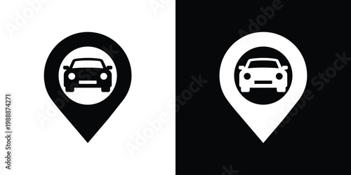 Vector icon set of a car inside a location map pin marker. Represents car parking, location finding, or navigation services. Isolated black and white style for travel and mapping apps.